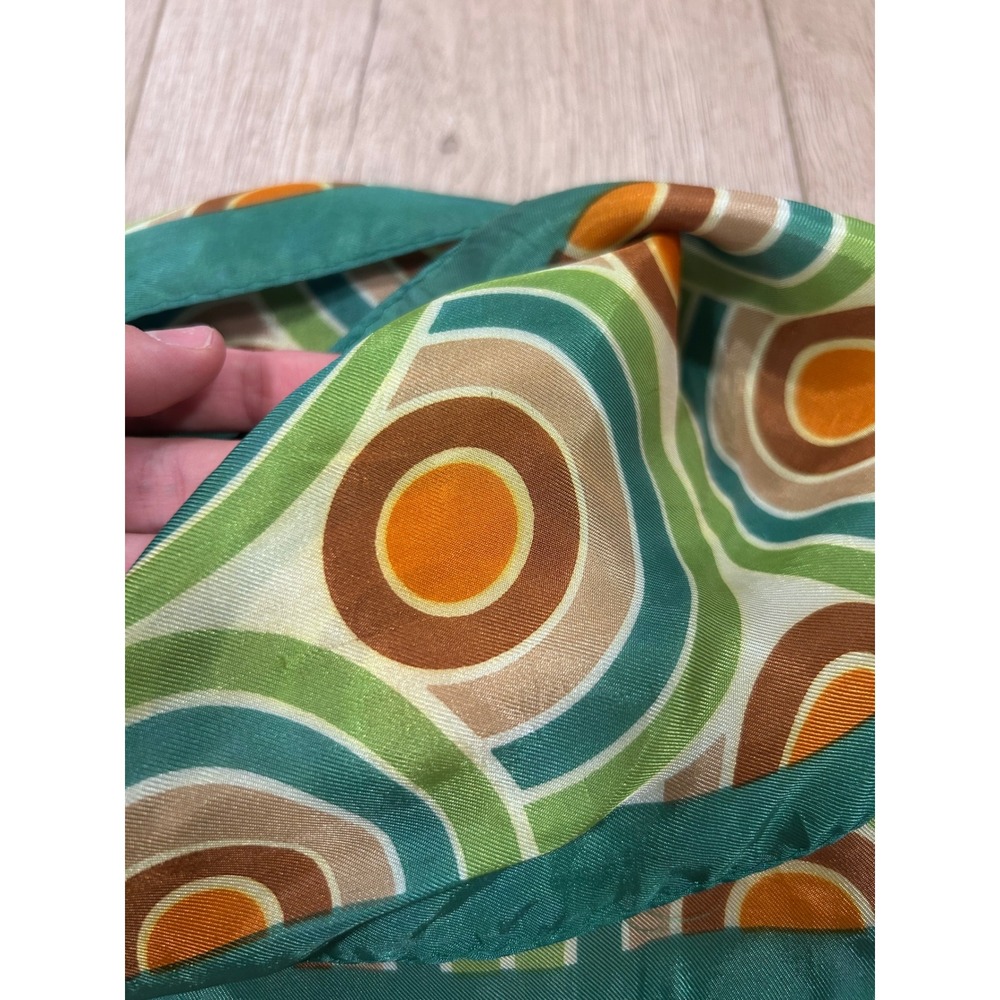 Vintage 70s Geometric Target Print Square Scarf Teal Orange Acetate Made Japan - Picture 3 of 5